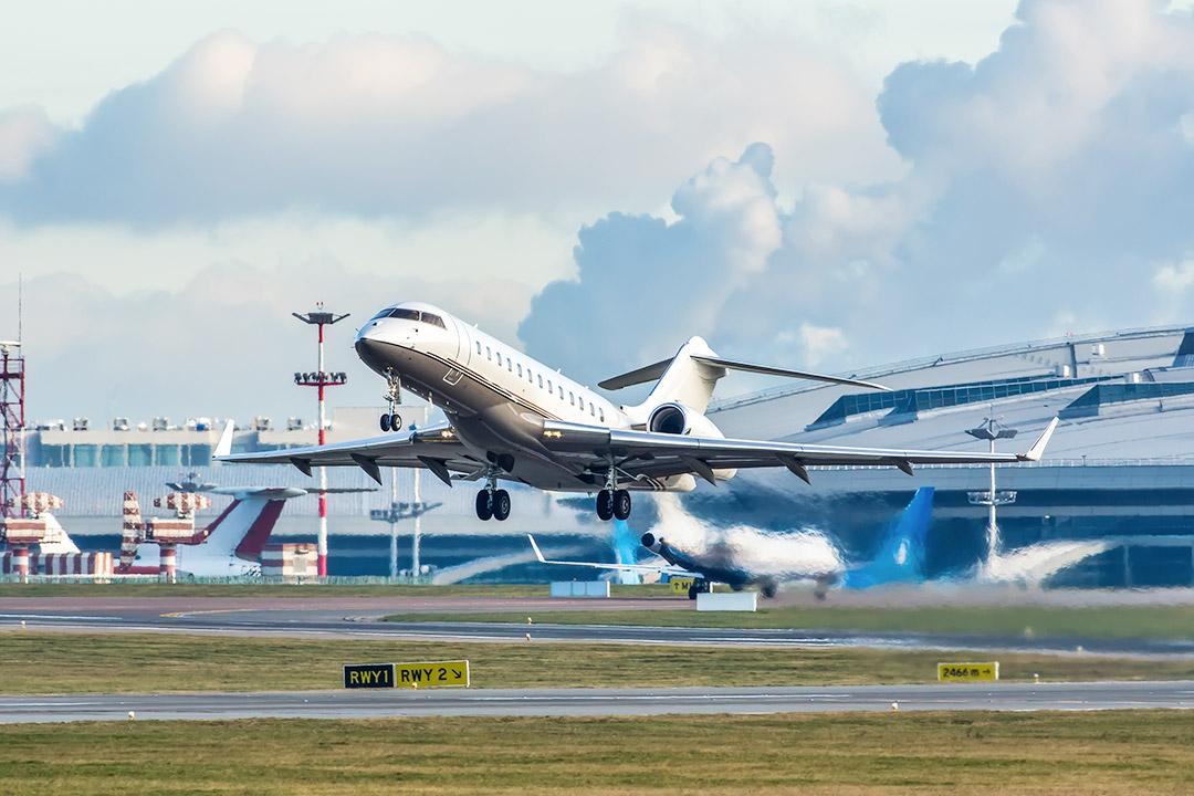 An air ambulance taking off